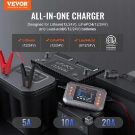 VEVOR Smart Battery Charger, 20-Amp, Lithium LiFePO4 Lead-Acid AGM Gel  SLA Car Battery Charger With LCD Display, Trickle Charger Maintainer Desulfator