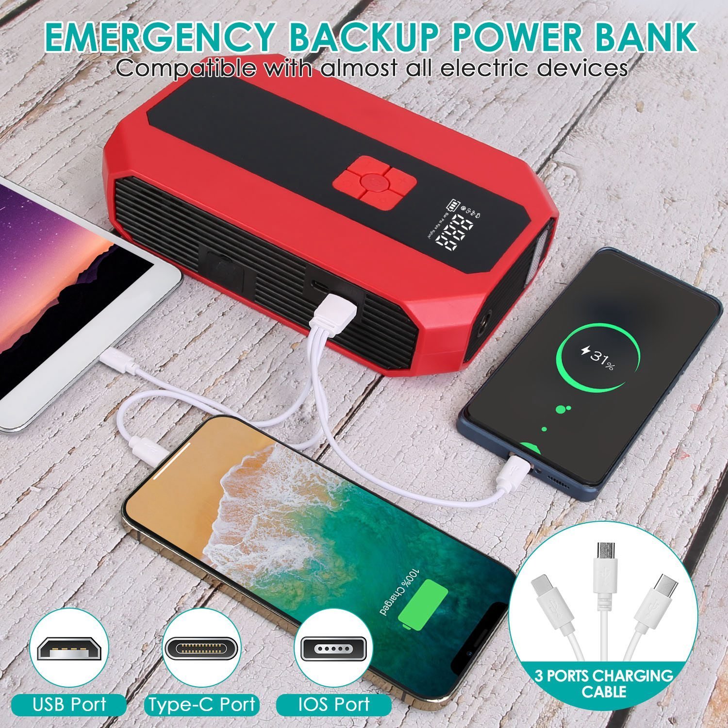 1Pc Portable Car Jump Starter Air Compressor 1500A 400PSI Car Battery Charger Power Bank LED Flashlight Digital Tire Inflator - Image 2