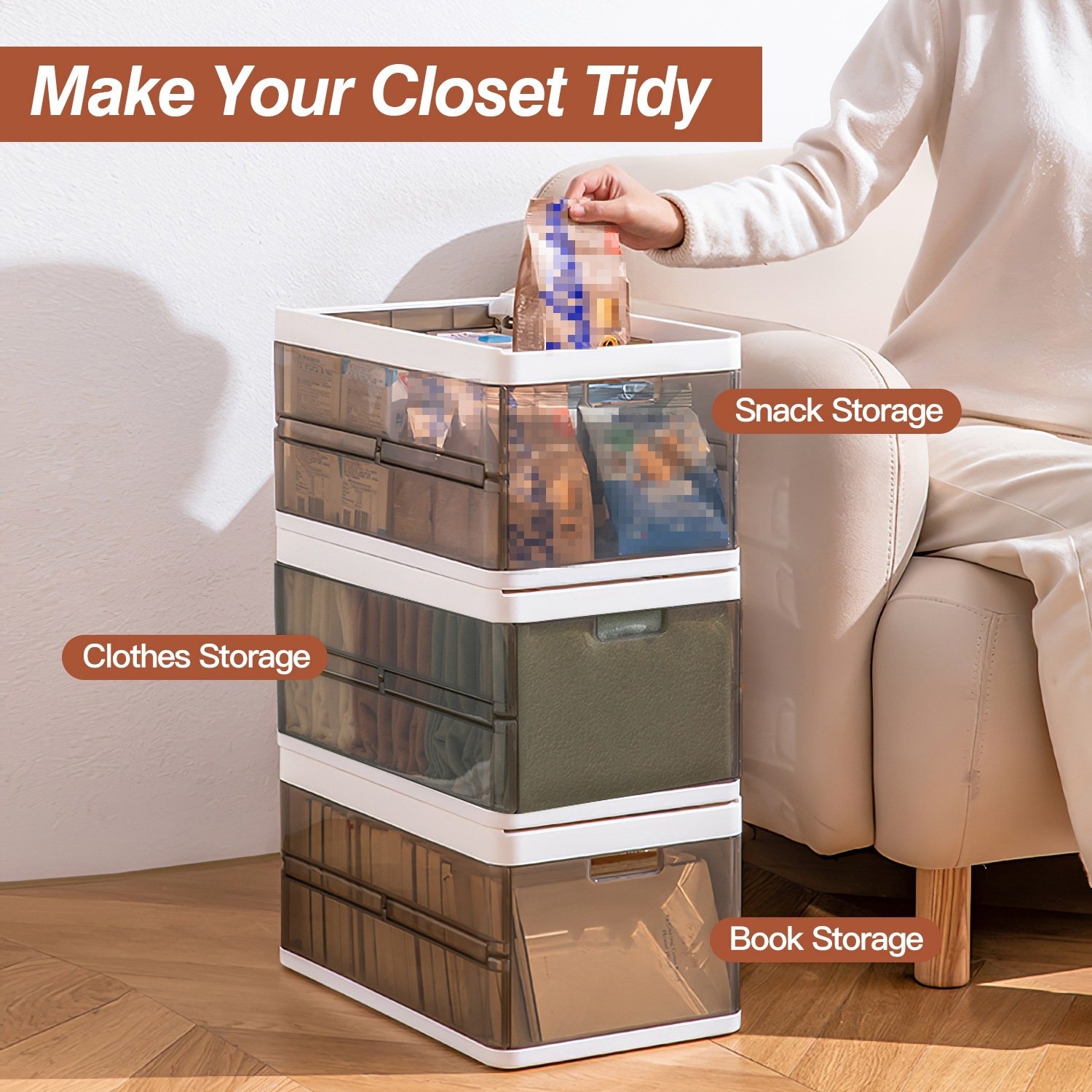3 Pack Foldable Storage Bin With Lid Stackable Plastic Closet Organizer - Image 7