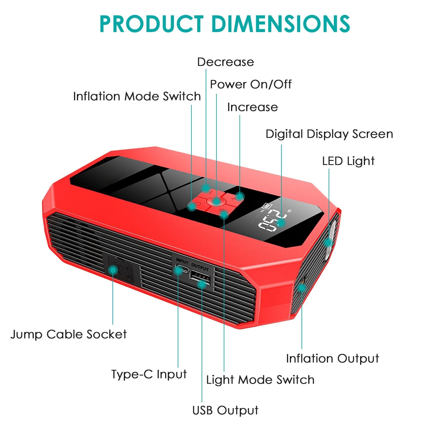 1Pc Portable Car Jump Starter Air Compressor 1500A 400PSI Car Battery Charger Power Bank LED Flashlight Digital Tire Inflator - Image 3