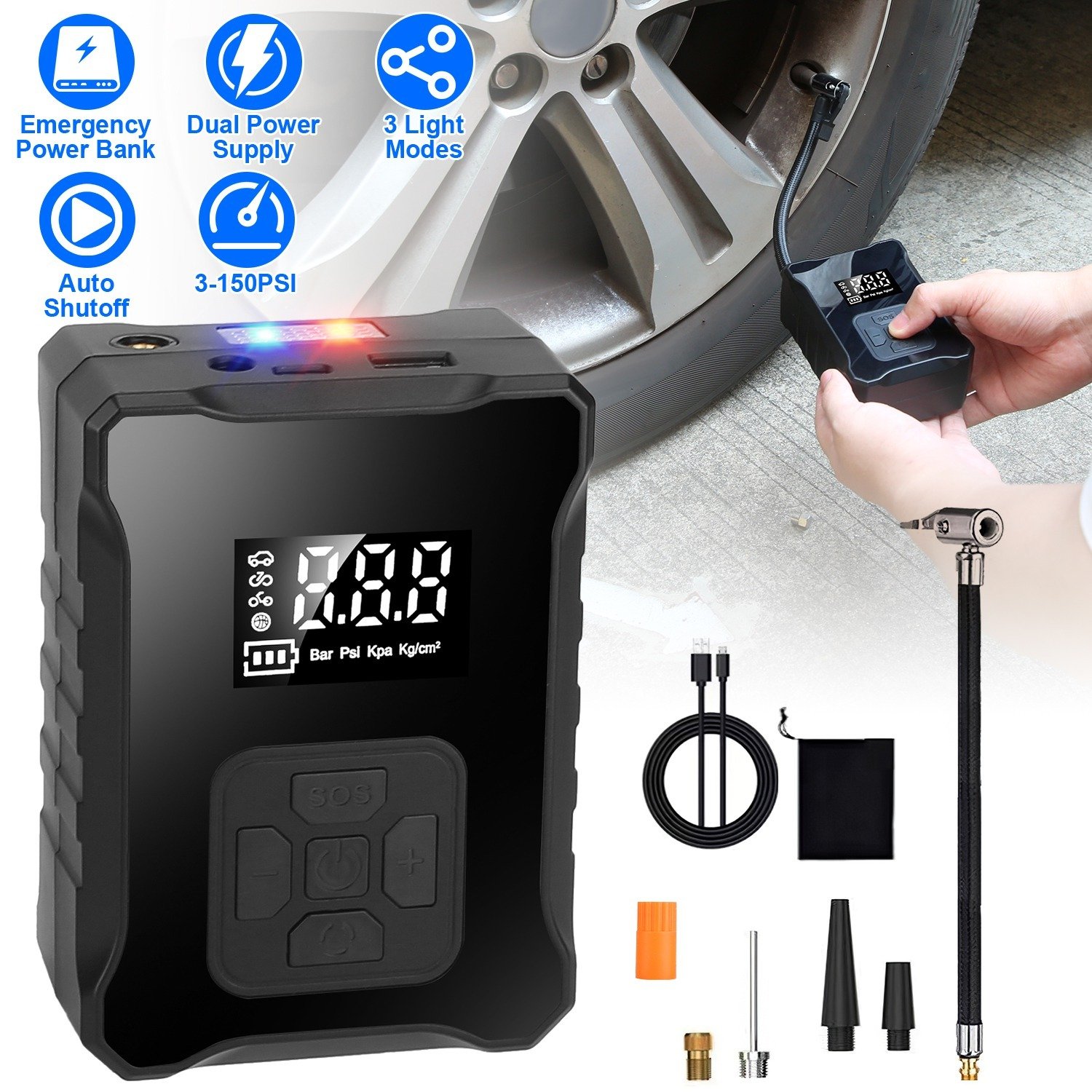 1Pc 150PSI Cordless Tire Inflator Digital Air Compressor With LED Light Emergency Power Bank - Image 4