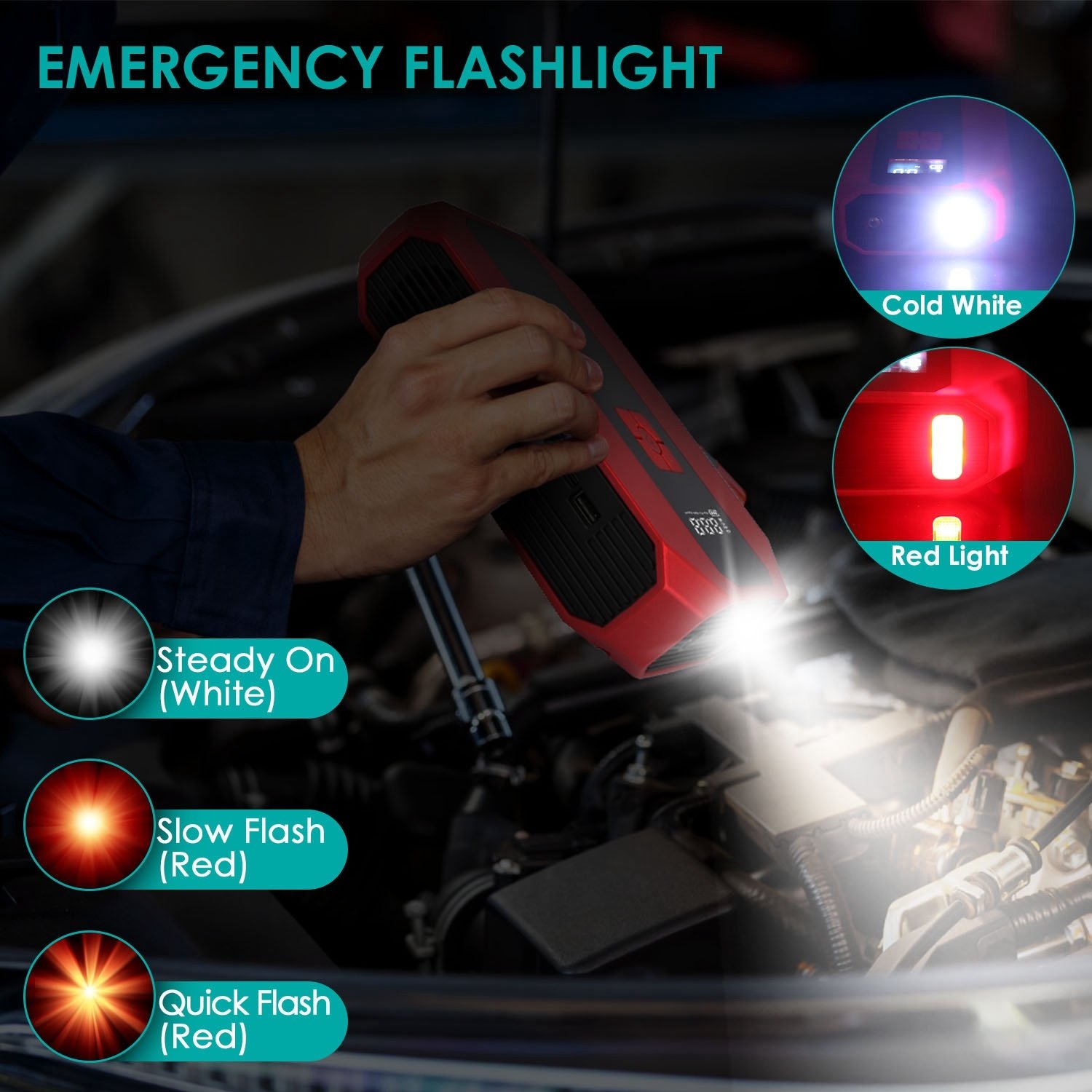 1Pc Portable Car Jump Starter Air Compressor 1500A 400PSI Car Battery Charger Power Bank LED Flashlight Digital Tire Inflator - Image 7