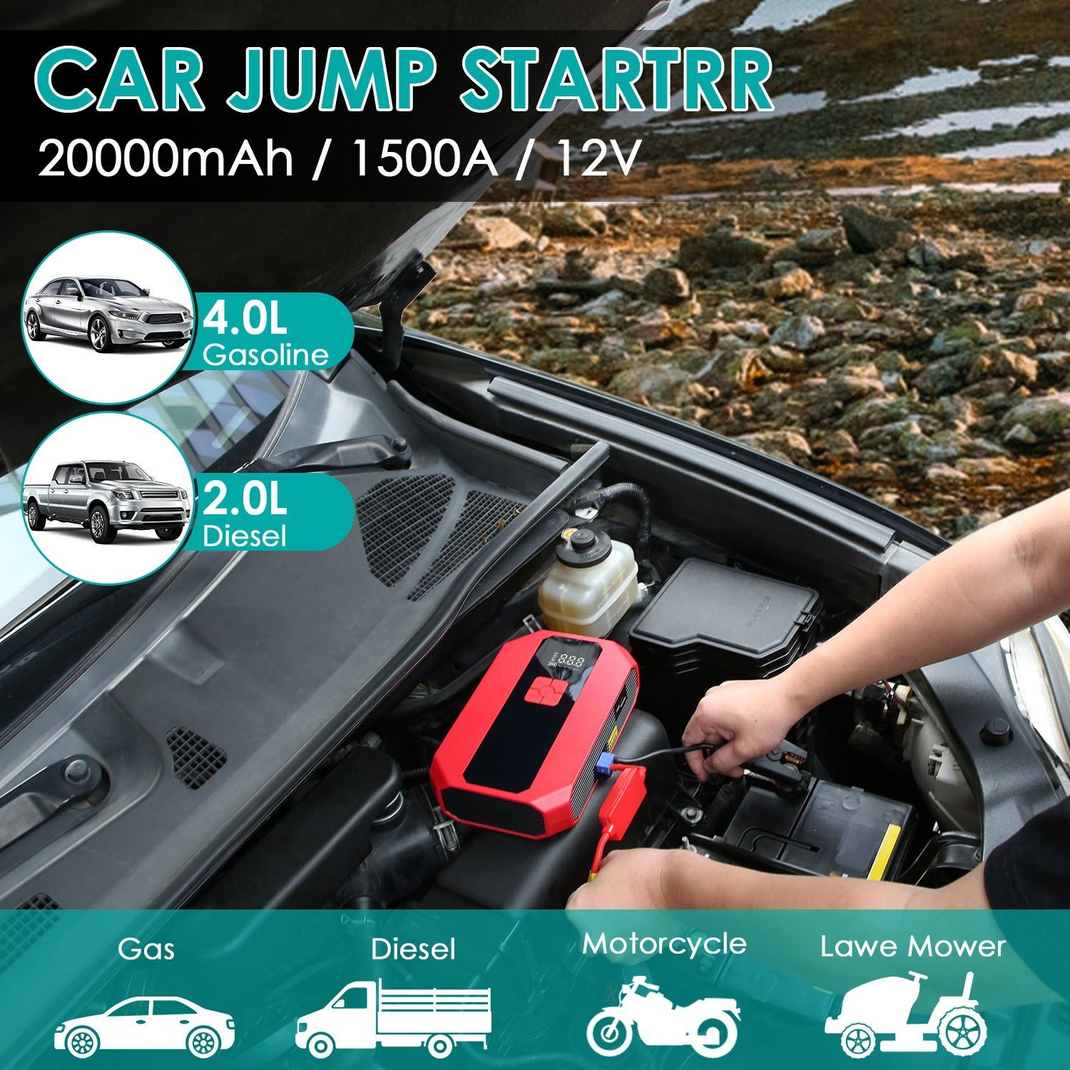 1Pc Portable Car Jump Starter Air Compressor 1500A 400PSI Car Battery Charger Power Bank LED Flashlight Digital Tire Inflator - Image 6