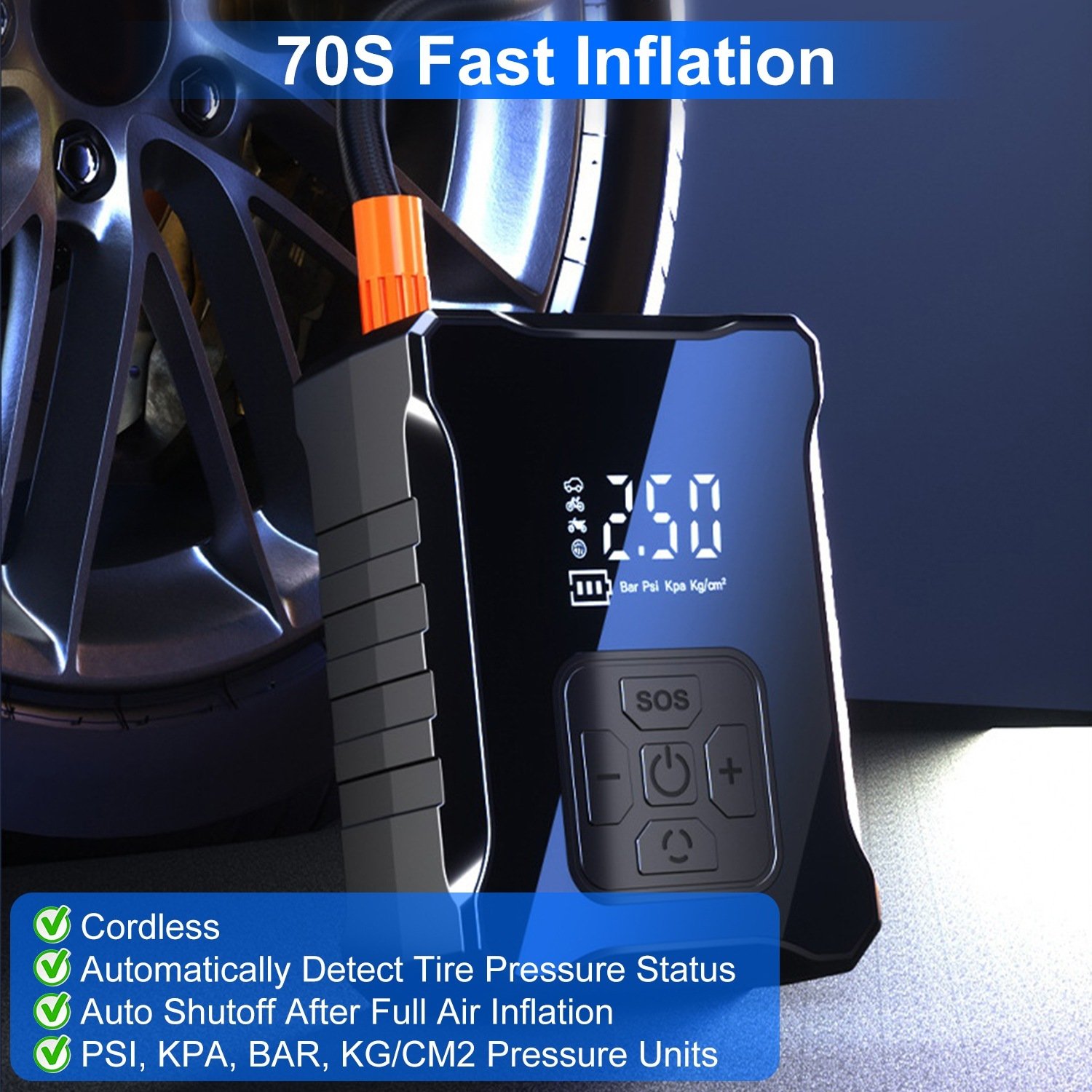 1Pc 150PSI Cordless Tire Inflator Digital Air Compressor With LED Light Emergency Power Bank - Image 5
