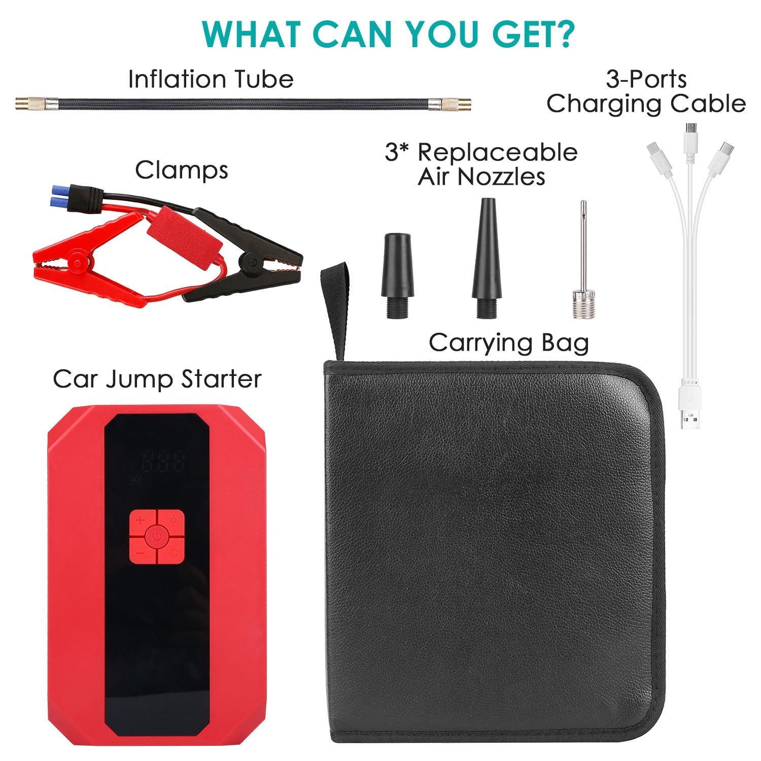 1Pc Portable Car Jump Starter Air Compressor 1500A 400PSI Car Battery Charger Power Bank LED Flashlight Digital Tire Inflator - Image 8