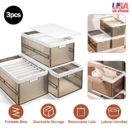 3 Pack Foldable Storage Bin With Lid Stackable Plastic Closet Organizer