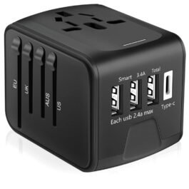 Universal Travel Adapter 3 USB & Type-C Outlet Converter US-UK-EU-AU Plug Power–Black