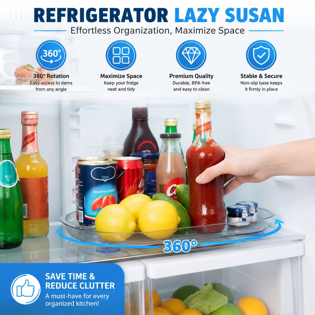 Rectangular Lazy Susan For Refrigerator 360 Rotating Organizer Space For Cabinet Pantry Storage - Image 2