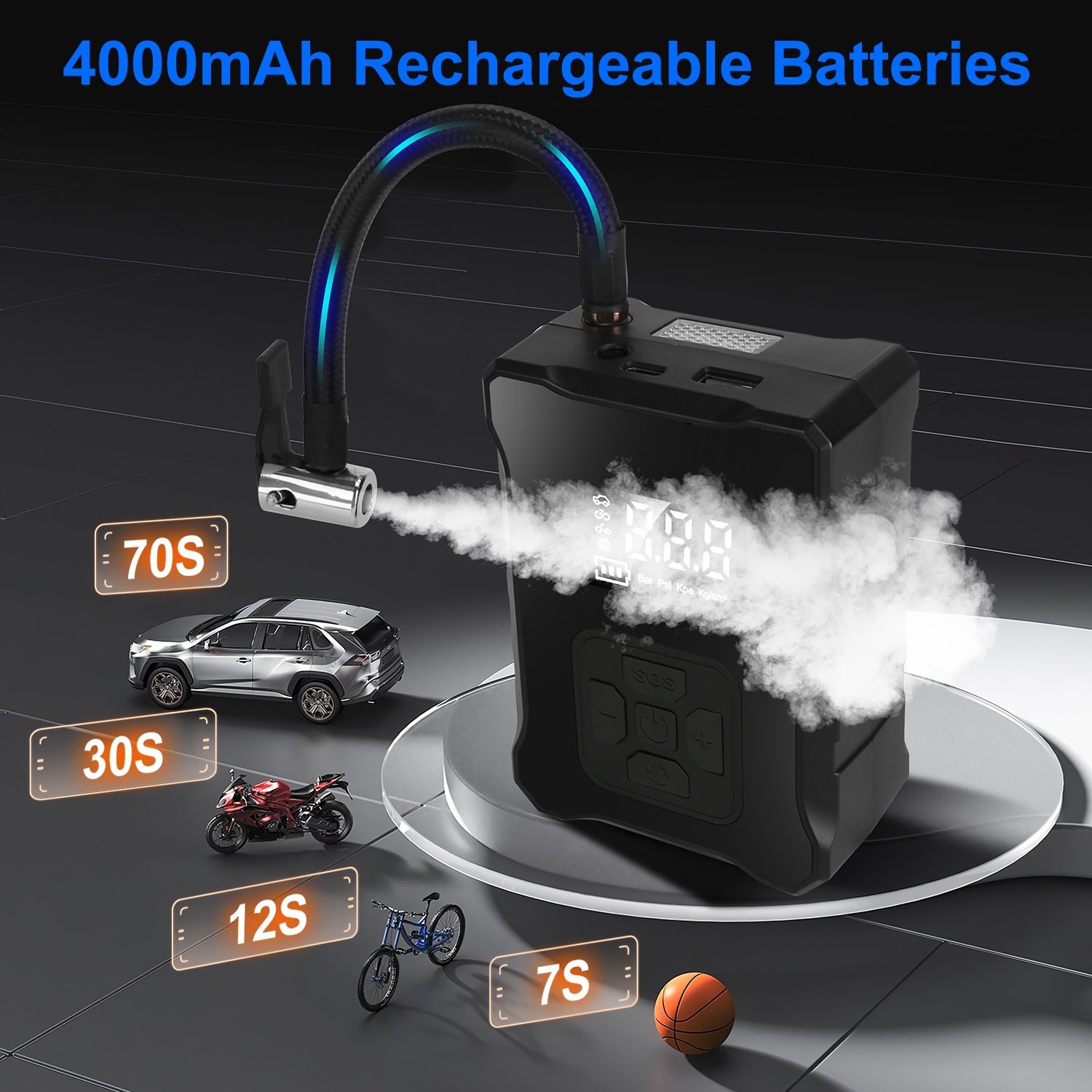 1Pc 150PSI Cordless Tire Inflator Digital Air Compressor With LED Light Emergency Power Bank - Image 10