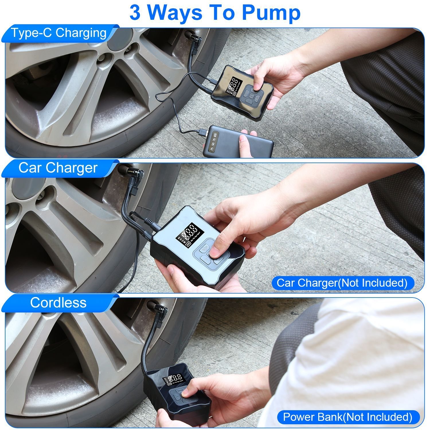 1Pc 150PSI Cordless Tire Inflator Digital Air Compressor With LED Light Emergency Power Bank - Image 3