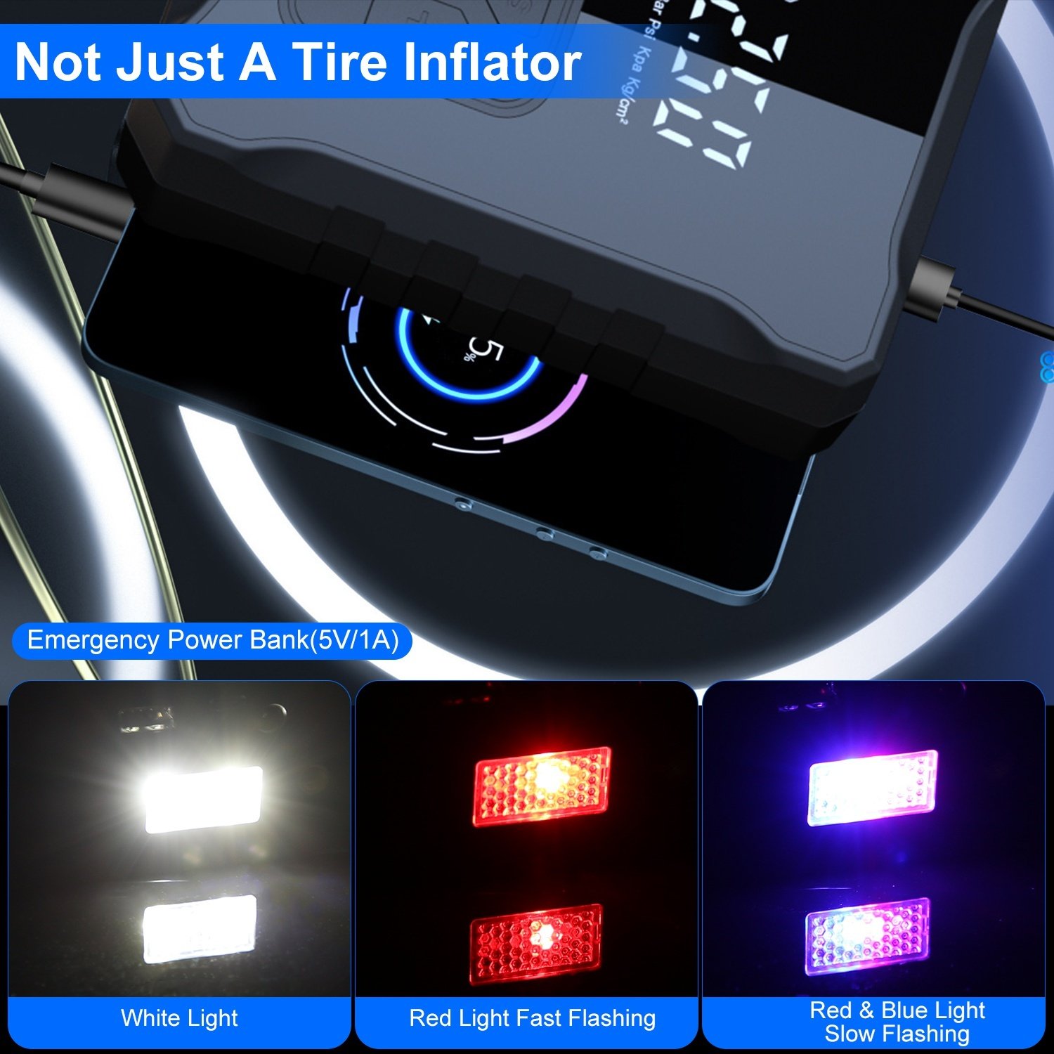 1Pc 150PSI Cordless Tire Inflator Digital Air Compressor With LED Light Emergency Power Bank - Image 6